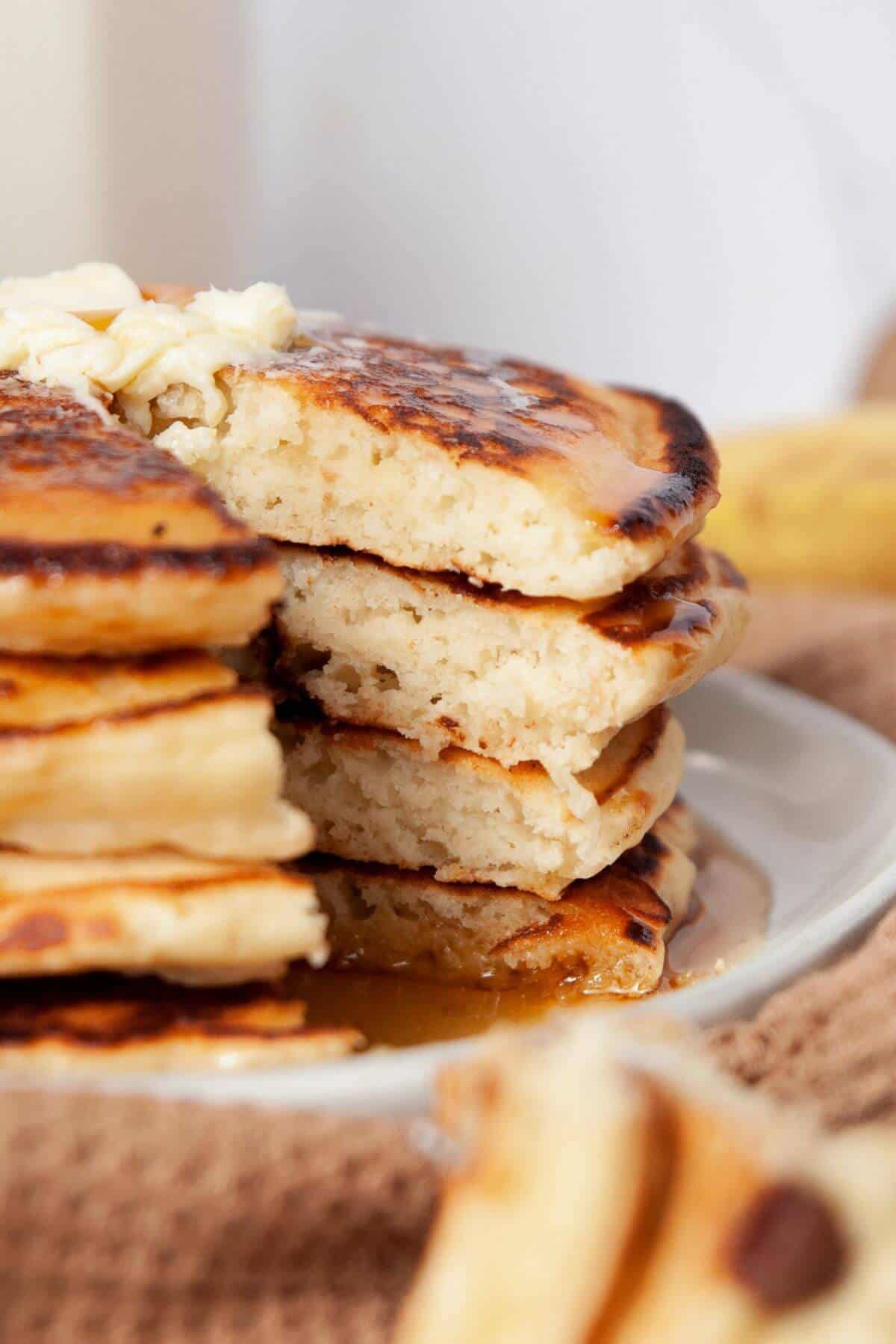 Inside shot of extra fluffy dairy-free pancakes.