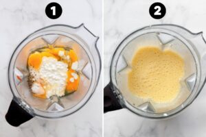 before and after of how to blend egg and cottage cheese mixture for a frittata