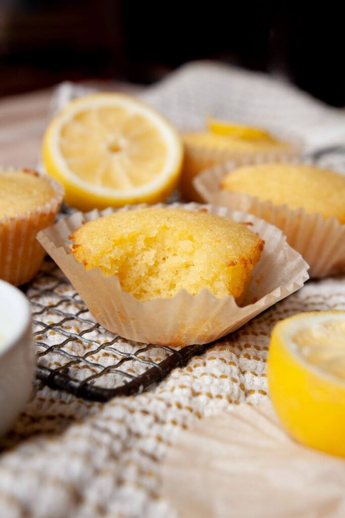inside bite shot of super moist lemon drizzle cupcakes