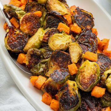Maple Roasted Sweet Potato Cubes and Brussel Sprouts