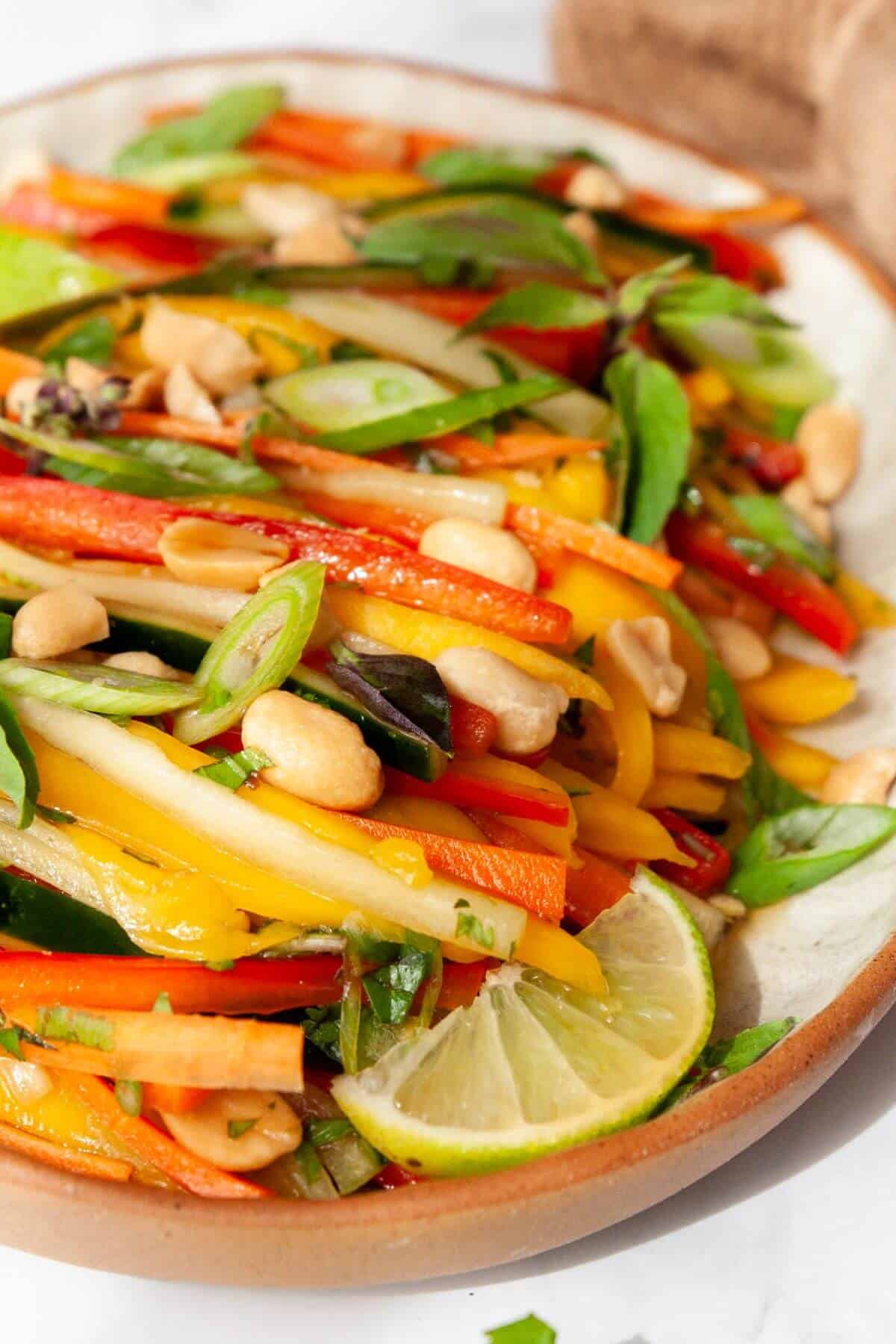 Close-up of Thai mango salad showing julienned mango, red bell pepper, carrots, and fresh herbs.