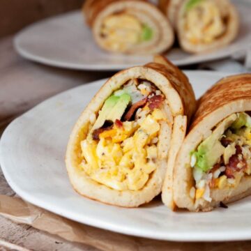 high-protein pancake breakfast burritos packed with eggs, bacon, avocado, and cheese