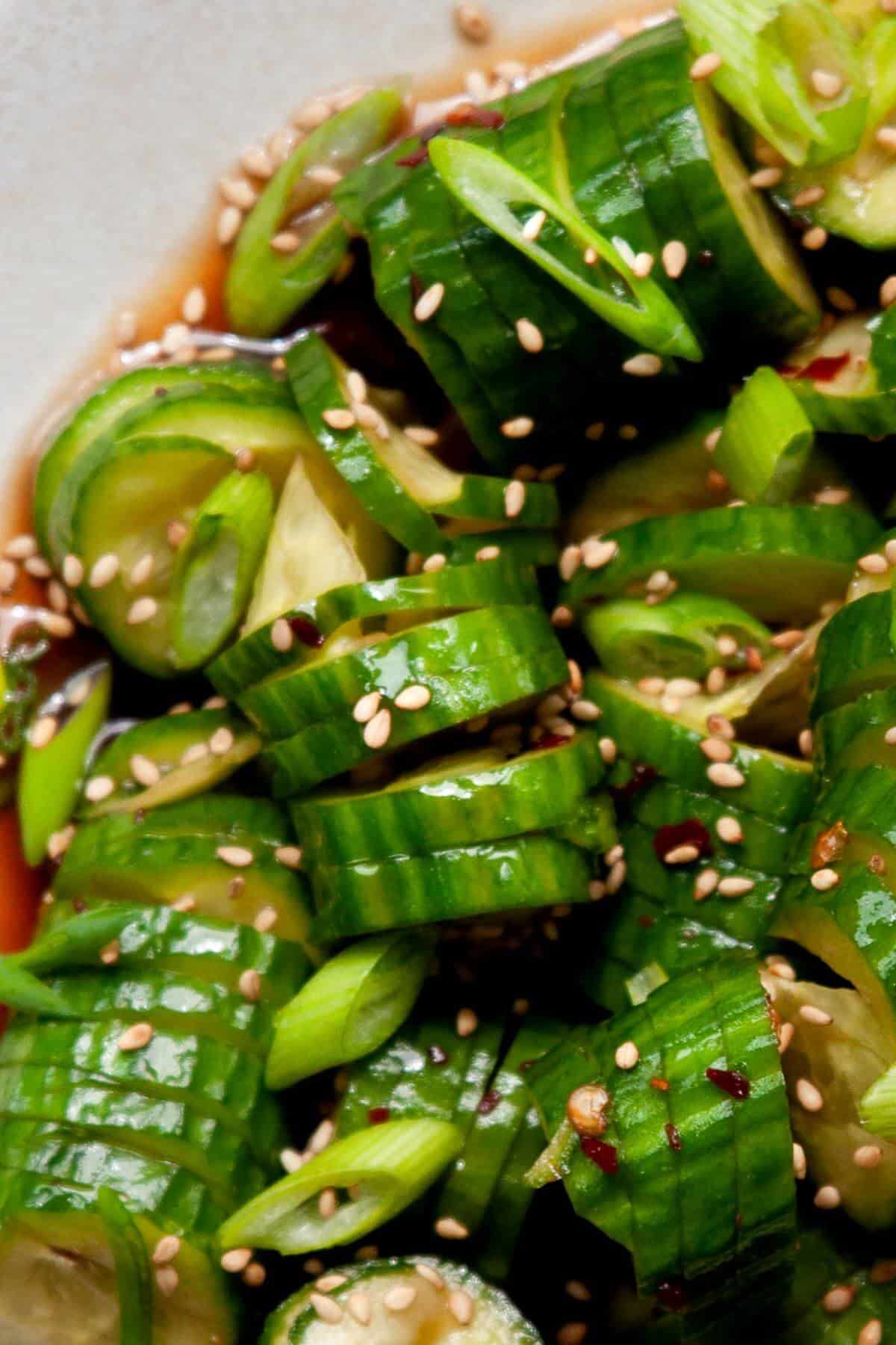 sesame cucumber salad with a spicy Asian dressing