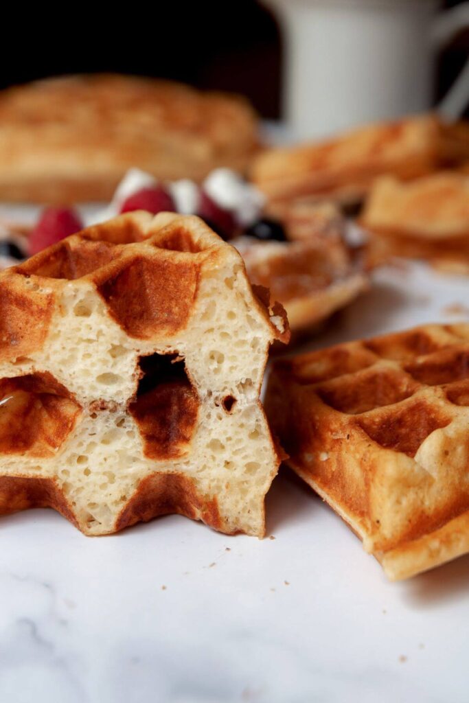 inside of dairy-free waffles to show extra fluffy, light, and soft texture