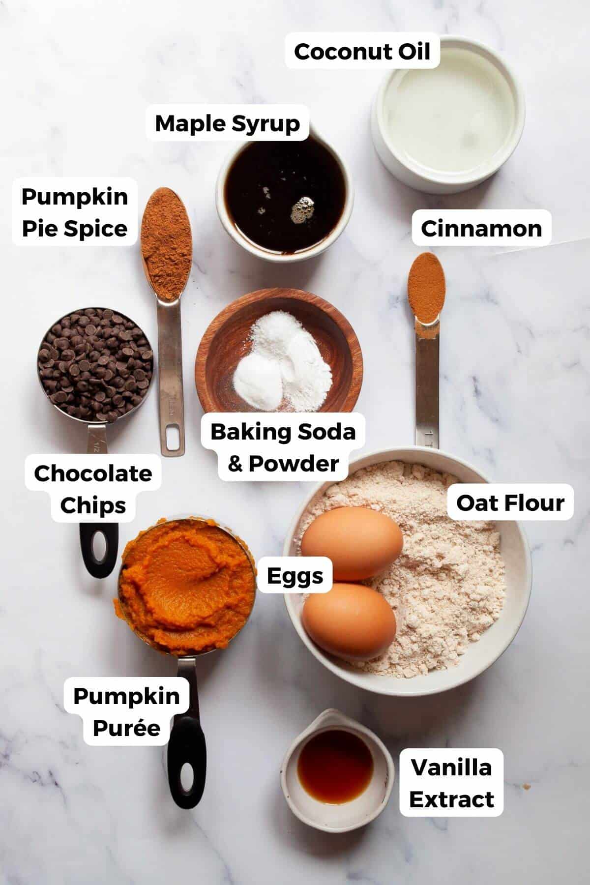 Ingredients for oat flour pumpkin muffins including oat flour, pumpkin puree, maple syrup, coconut oil, eggs, chocolate chips, and pumpkin pie spice.