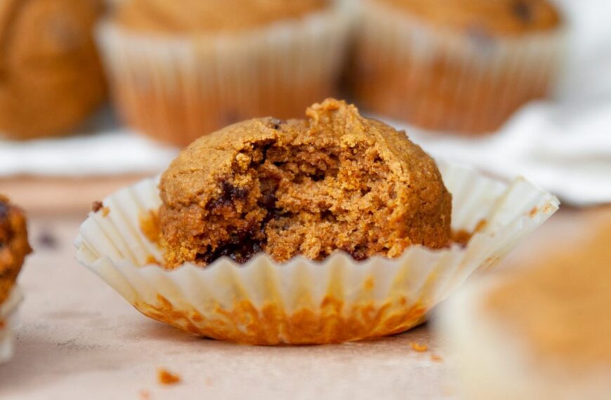 healthy oat flour pumpkin muffins with chocolate chips