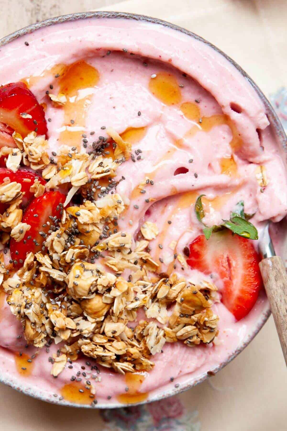 High protein strawberry banana smoothie bowl.