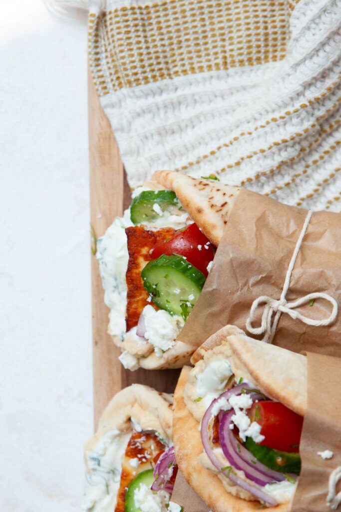 halloumi gyros wrapping in parchment paper