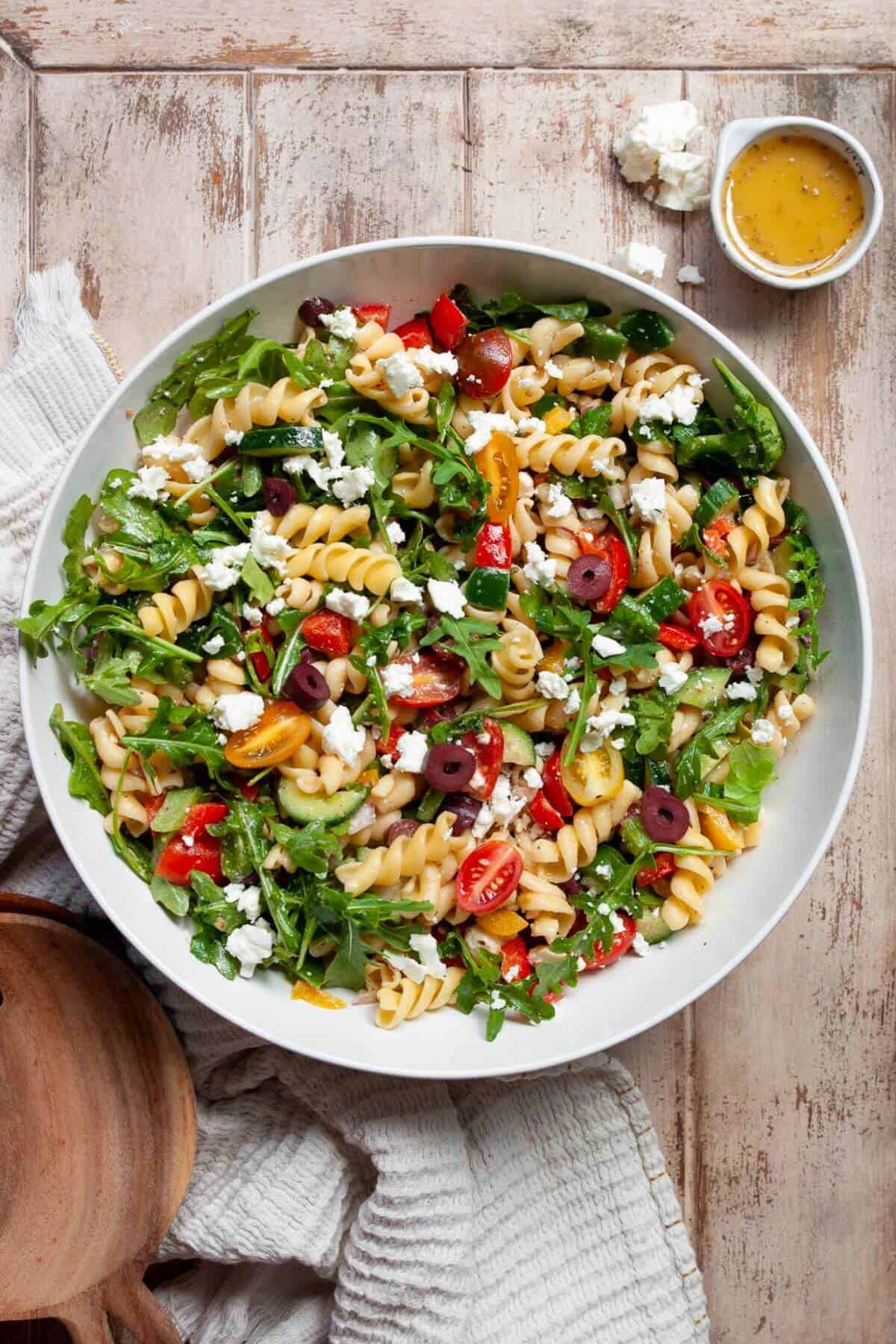 Healthy Greek pasta salad with chickpea pasta.