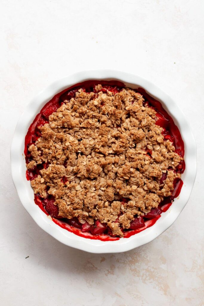 strawberry crumble baked in a pie dish