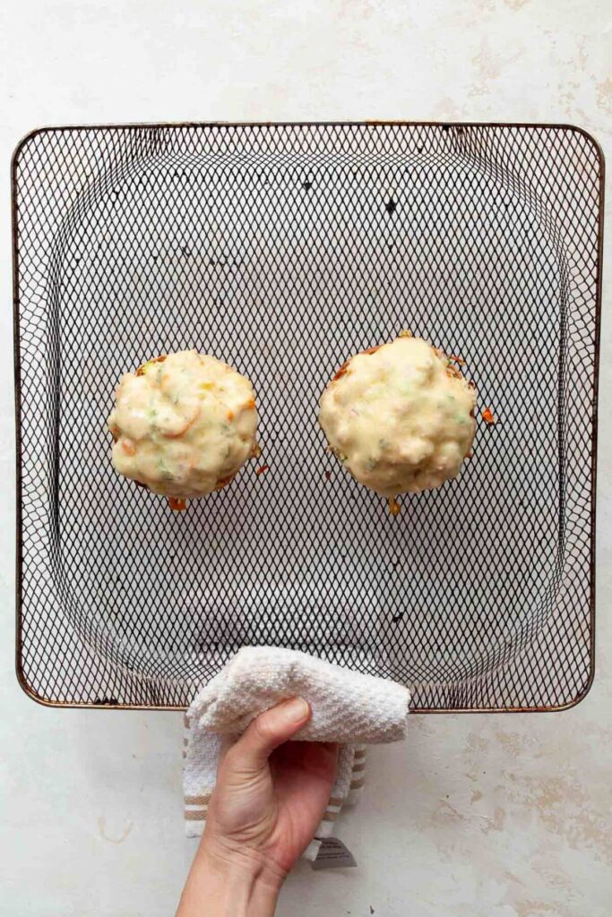 english muffin open-faced tuna melt in air fryer basket