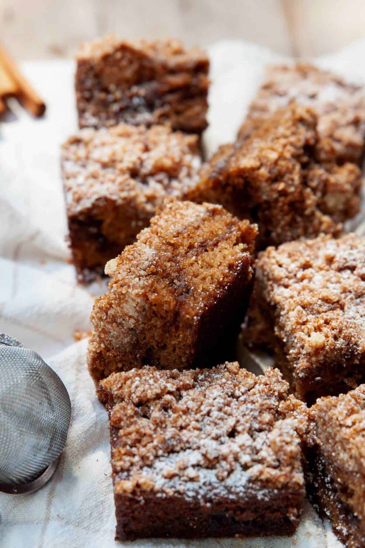 Close-up of soft and moist almond flour coffee cake with cinnamon swirl.