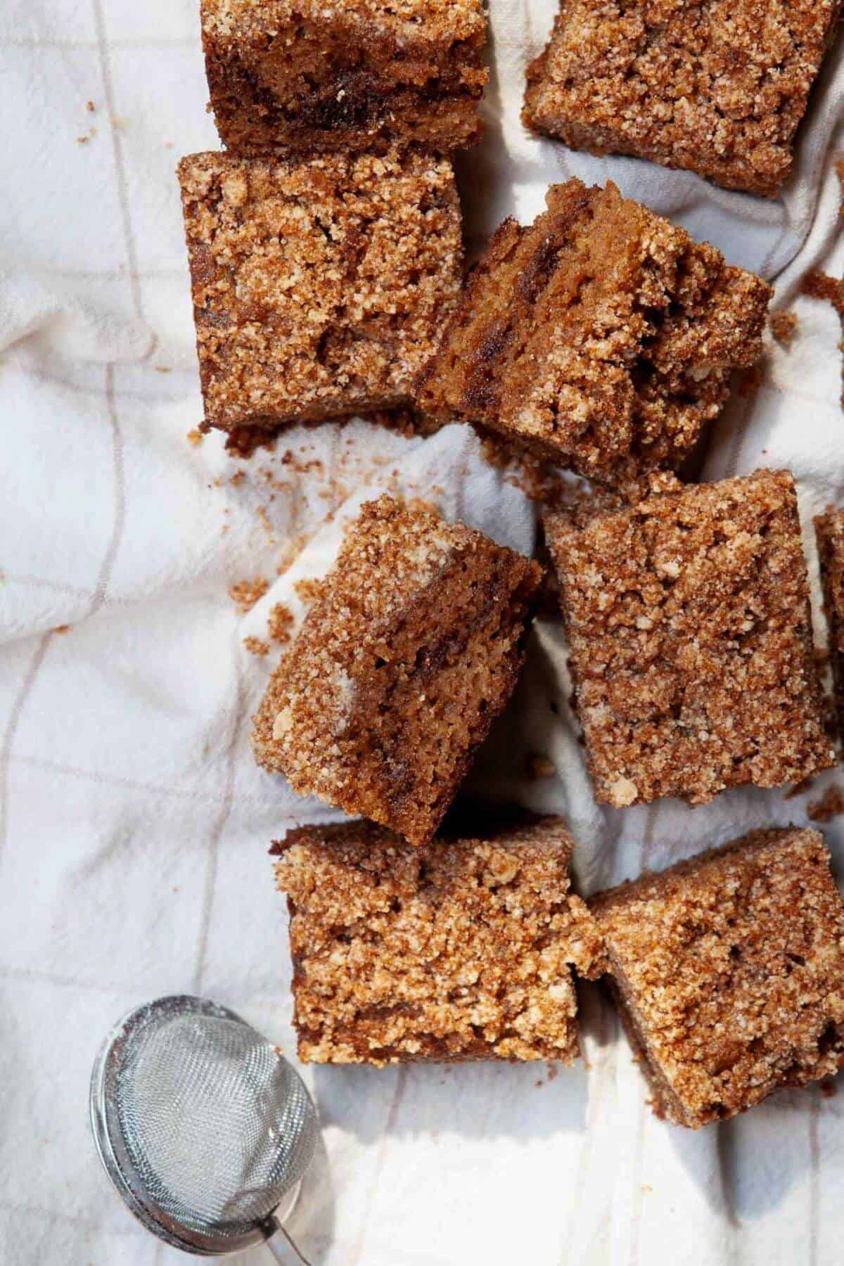 Healthy almond flour coffee cake served with dairy-free crumb topping.