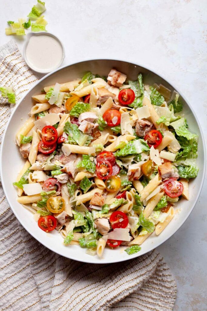 healthy chicken Caesar pasta salad with homemade dressing