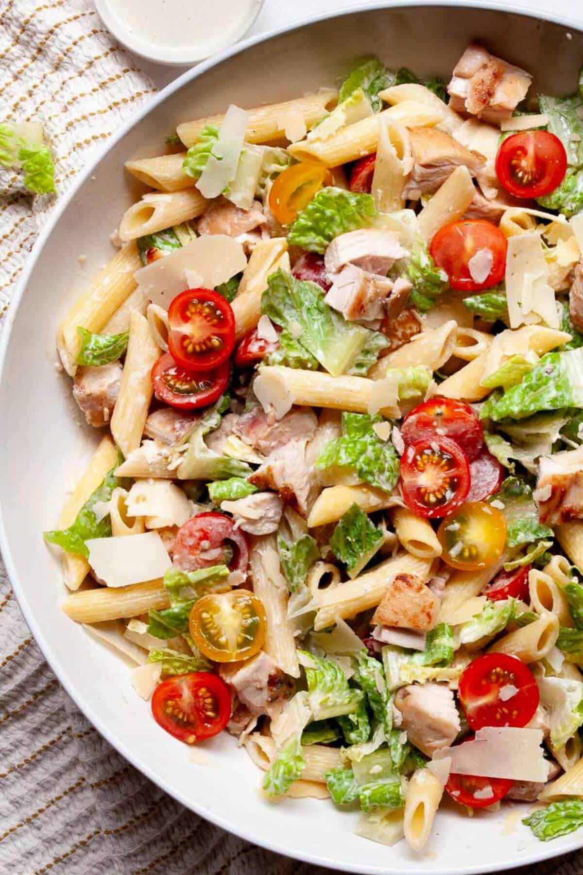 high-protein healthy chicken Caesar pasta salad