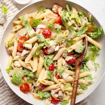 healthy high-protein balsamic chicken Caesar pasta salad recipe