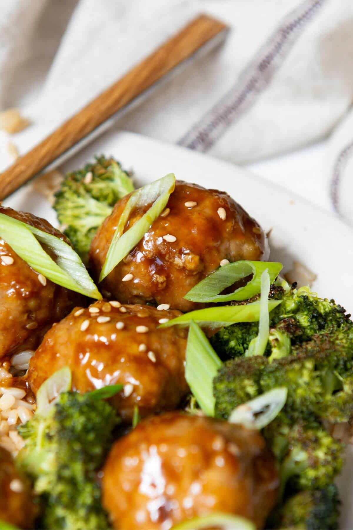 Gluten-free turkey meatballs coated in sticky teriyaki sauce.
