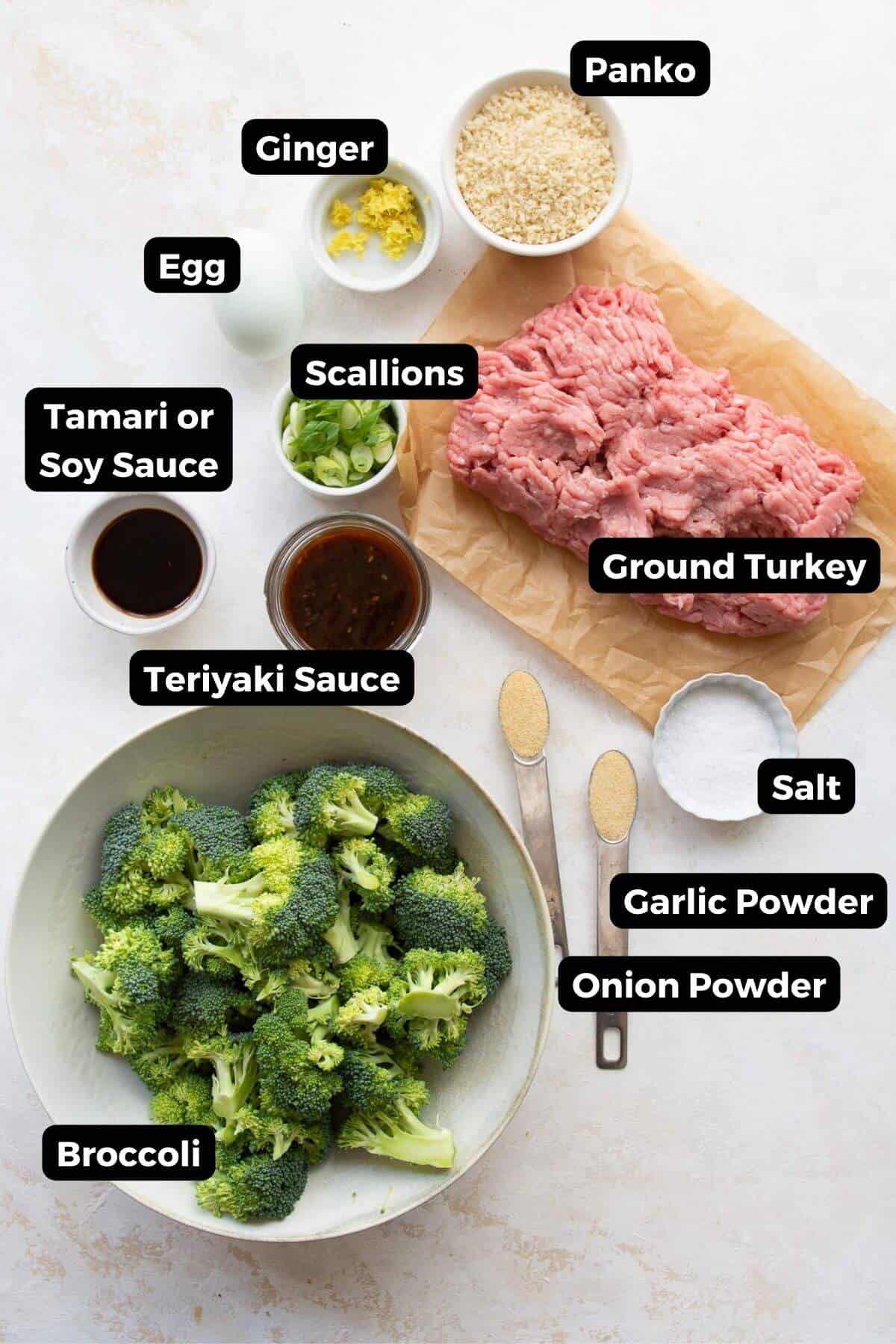 Ingredients for gluten-free teriyaki turkey meatballs including ground turkey, ginger, and panko.