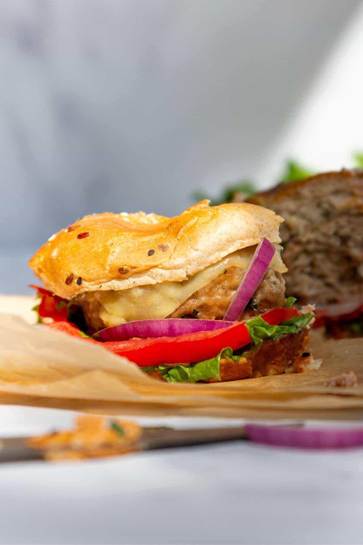 Juicy and tender air fryer turkey burger cut in half.