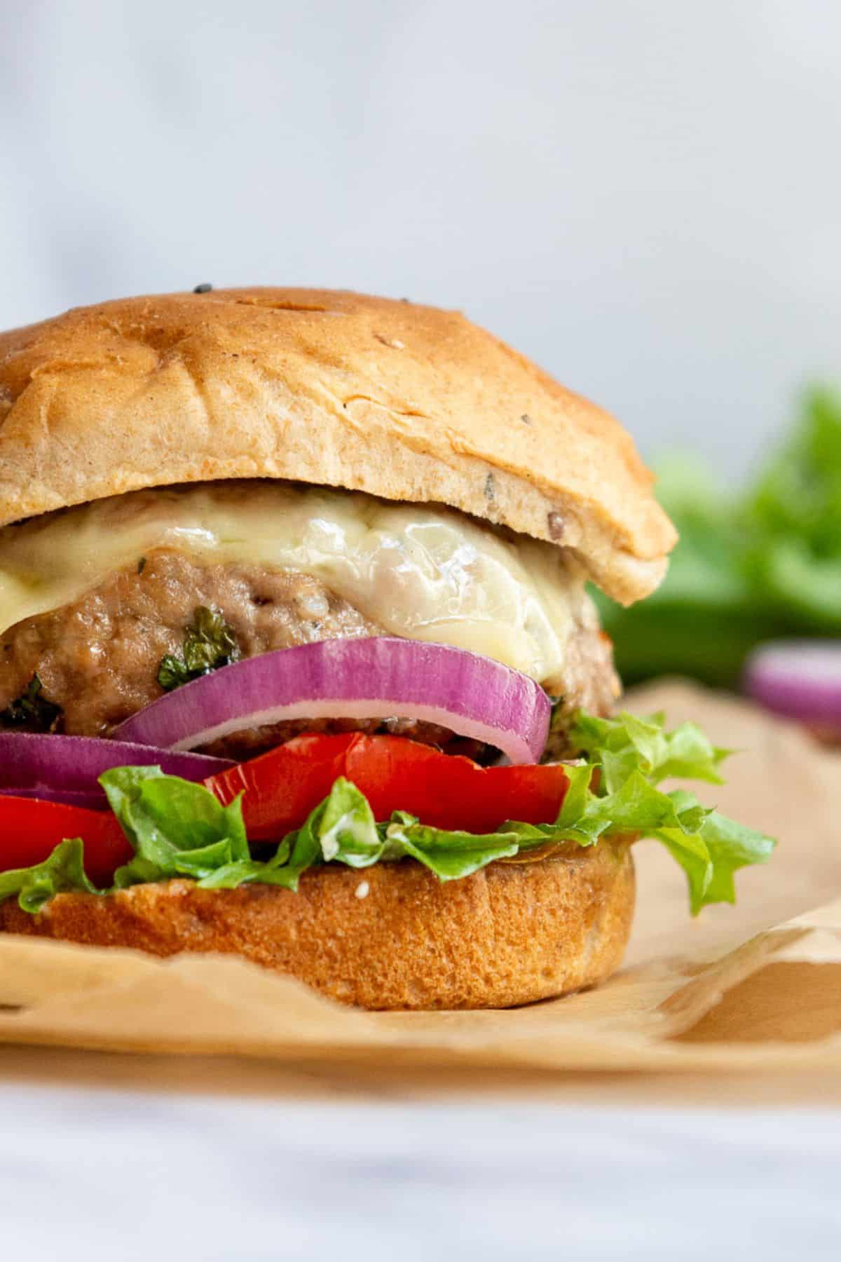 Extra juicy air fryer turkey burgers without breadcrumbs or eggs.