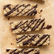 chewy nut-free protein bars with a chocolate drizzle
