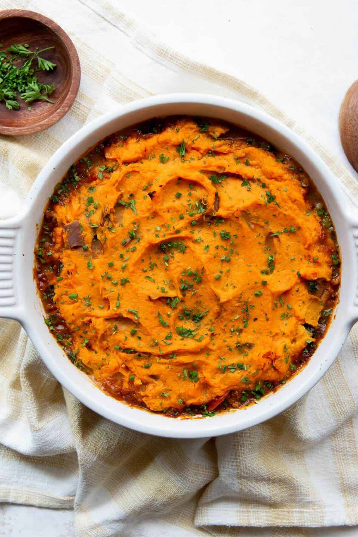 Lightened-up shepherd's pie with creamy mashed sweet potato topping.