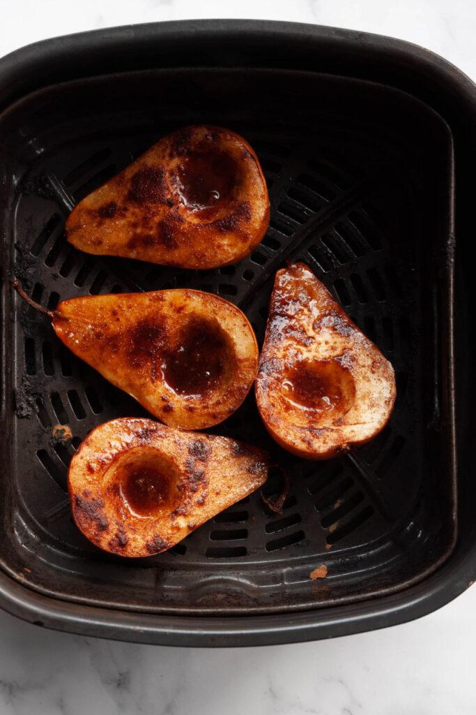 caramelized pears in basket after air frying