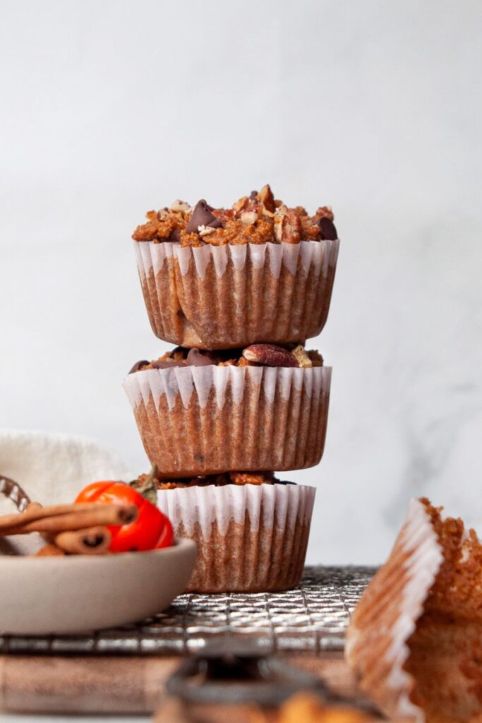 stack of three moist and healthy almond flour pumpkin muffins