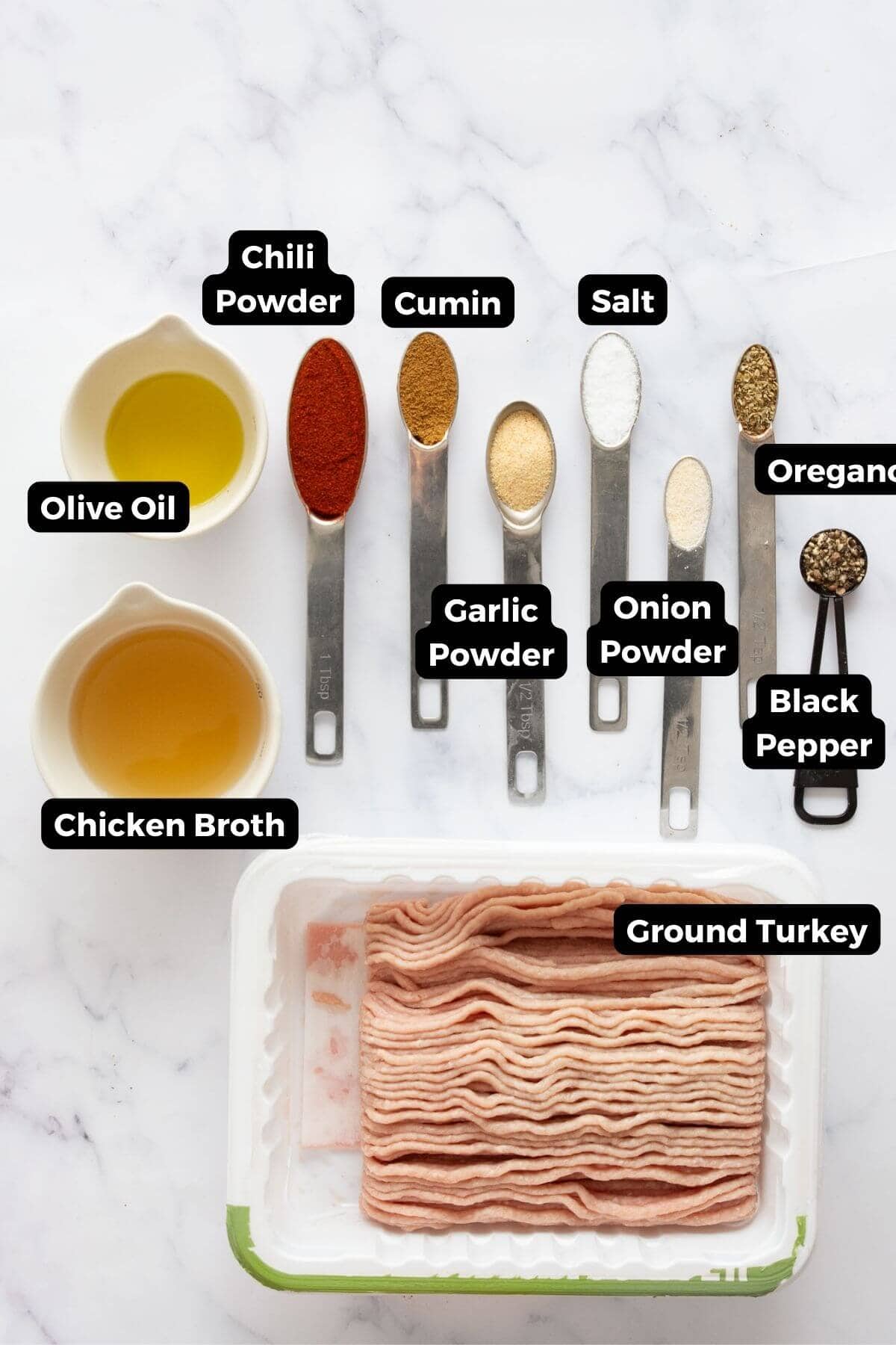 All ingredients labeled in ground turkey seasoning including chili powder, cumin, salt, onion powder, garlic powder, oregano, and pepper.
