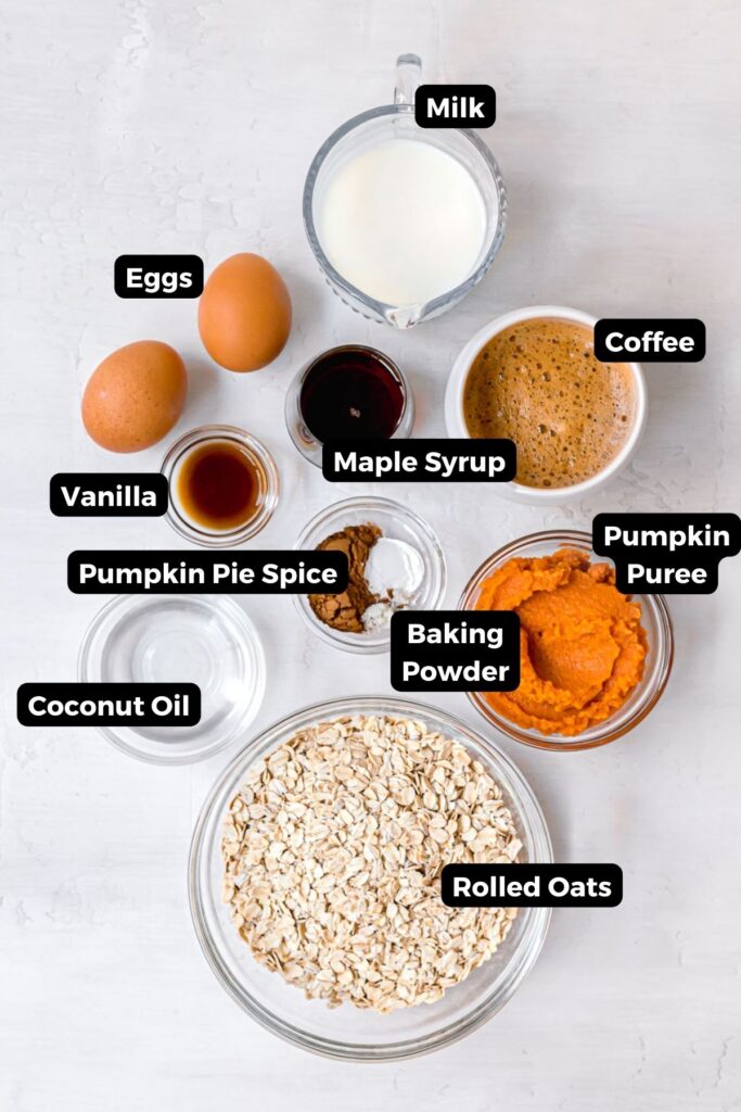 ingredients in pumpkin baked oatmeal in small bowls with labels