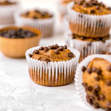 high-protein pumpkin muffins are healthy, gluten-free, and made with protein powder and Greek yogurt.