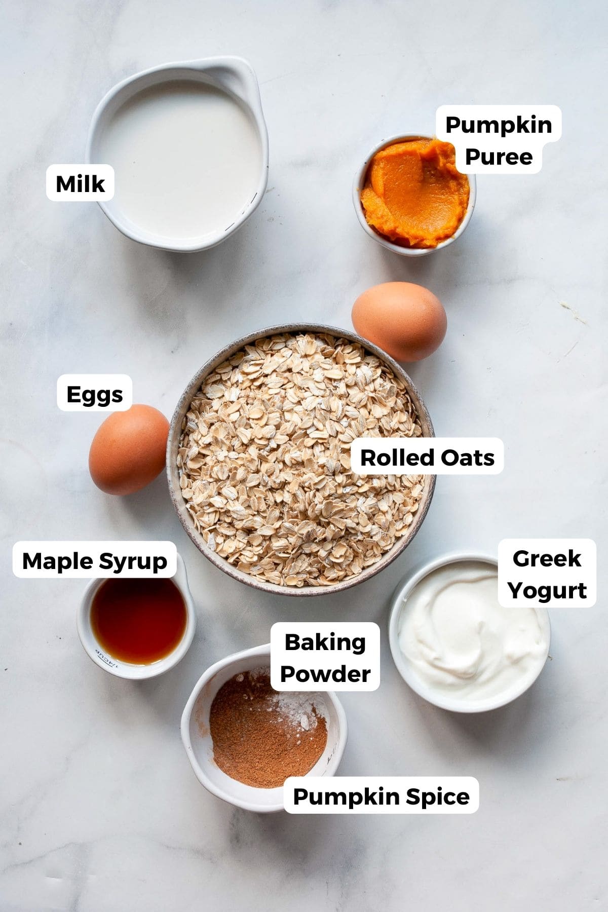 All pancake ingredients measured into small bowls with labels, including oats, pumpkin purée, Greek yogurt, eggs, maple syrup, baking powder, pumpkin spice, and salt.