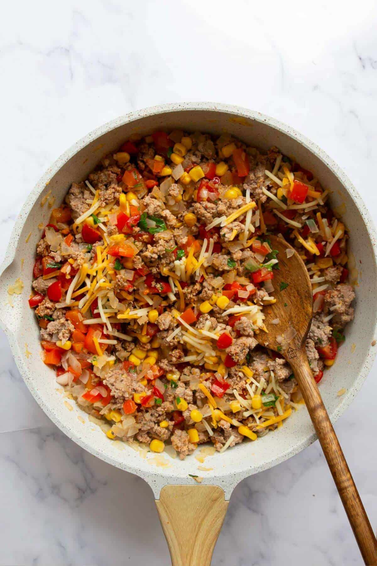 Seasoned ground turkey taco mixture for stuffed sweet potatoes.