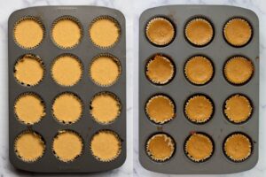 side by side of unbaked and baked mini protein pumpkin cheesecakes