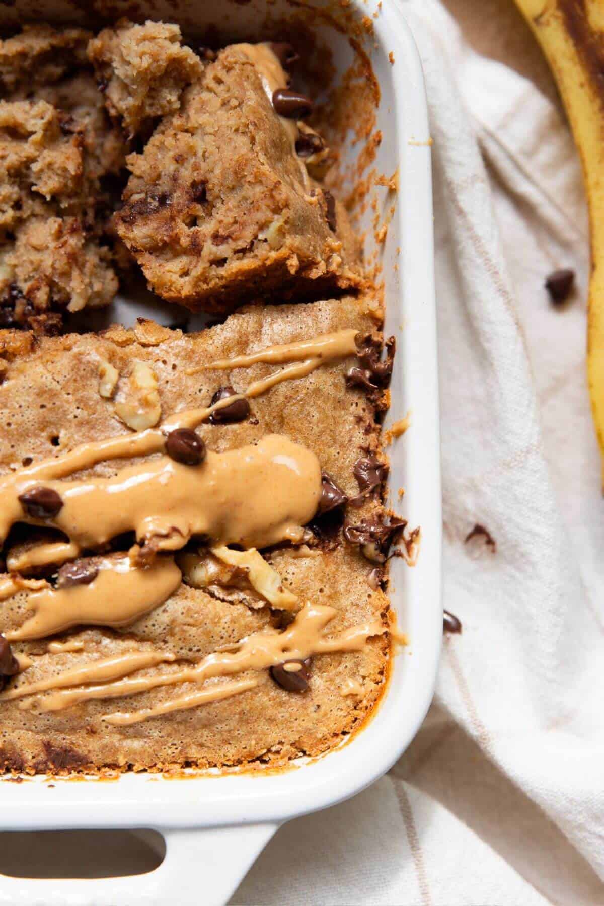 Oat flour banana bread for one with chocolate chips.