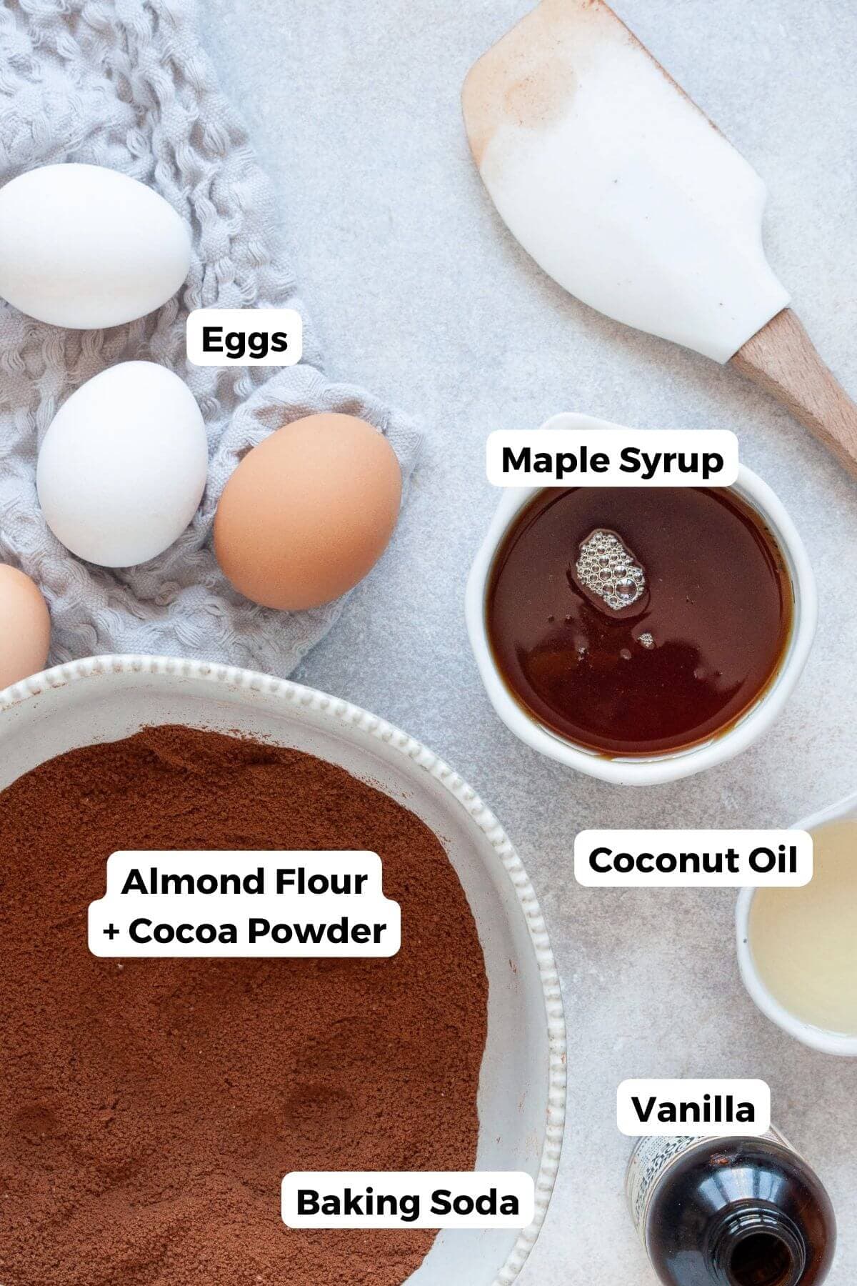 all ingredients in almond flour chocolate cake in bowls with labels