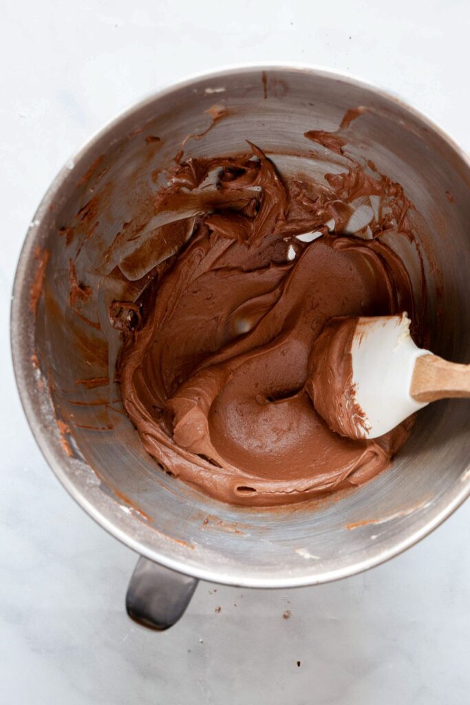 homemade chocolate buttercream in mixing bowl