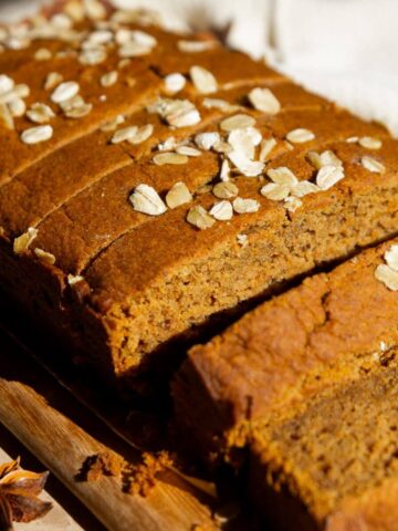 Super soft and moist healthy oat flour pumpkin bread that tastes better than Starbucks.