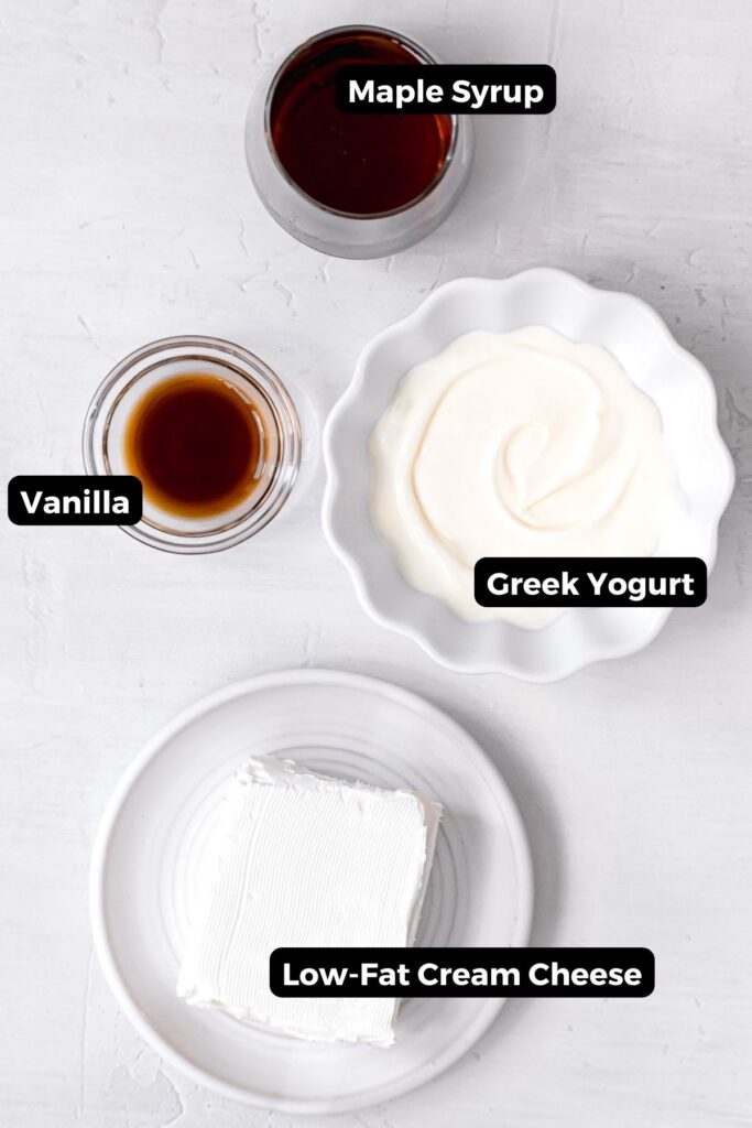 all four ingredients in healthy, protein Greek yogurt icing in small bowls with labels
