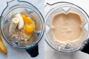 side by side of ingredients and the blended pancake batter in a blender