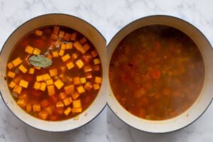 side by side of soup before and after simmering