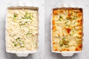 side by side of unbaked and baked chicken and broccoli lasagna