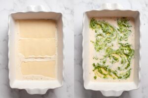 side by side of how to assemble chicken and broccoli lasagna