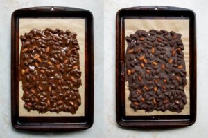 side by side of what it looks like to set chocolate almond bark in the freezer
