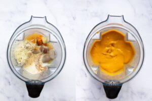 side by side of unblended and blended butternut squash pasta sauce