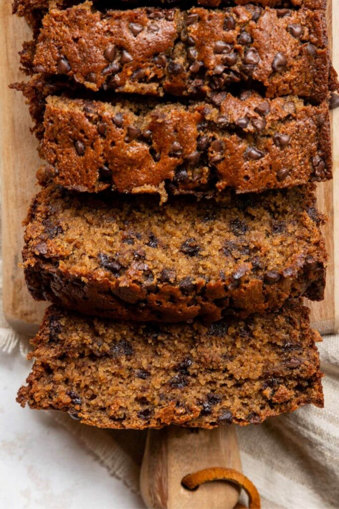 sliced oat flour banana bread with mini chocolate chips