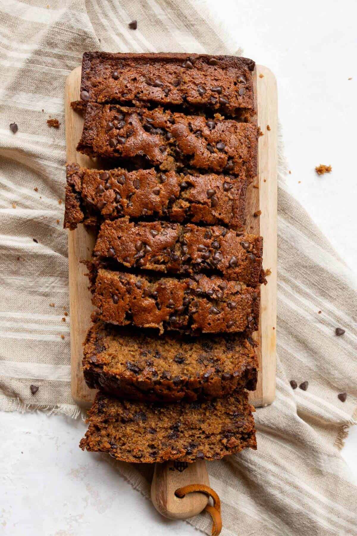 Super moist oat flour banana bread with mini chocolate chips.