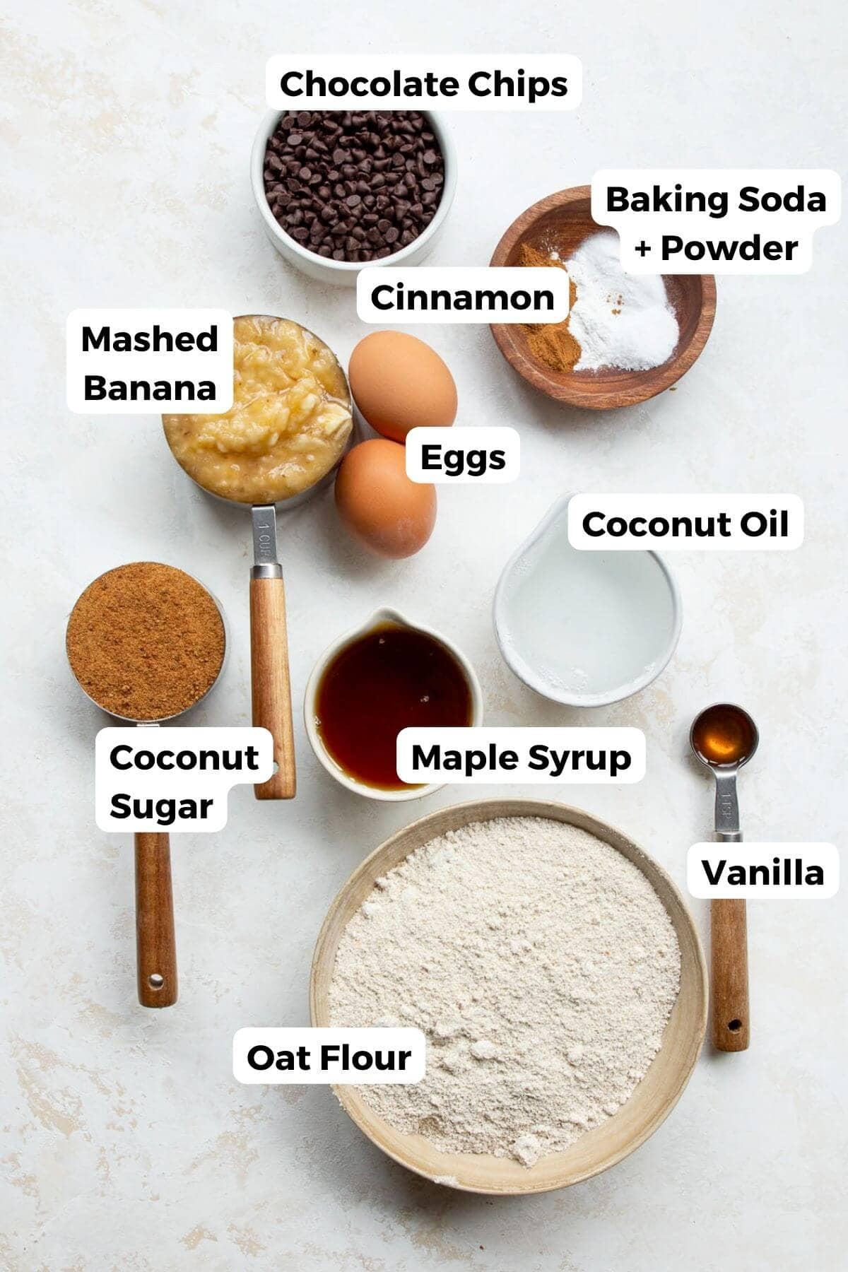 Ingredients for oat flour banana bread labeled in bowls: oat flour, mashed banana, coconut sugar, maple syrup, coconut oil, eggs, cinnamon, vanilla, and chocolate chips.