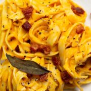 healthy, creamy roasted butternut squash pasta sauce with sage and pancetta
