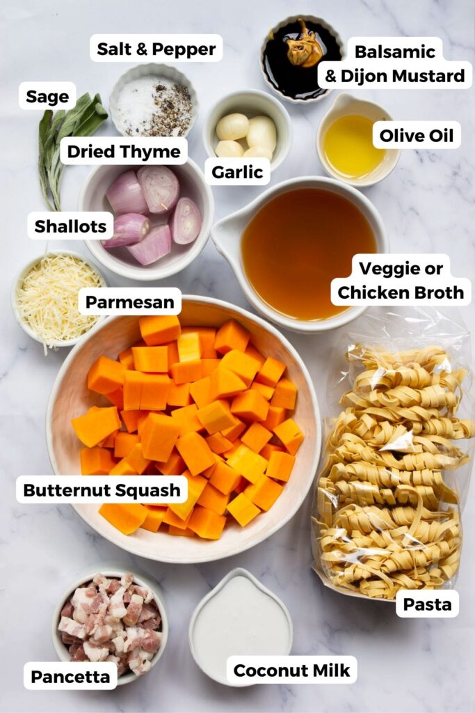 all ingredients in butternut squash pasta in small bowls with labels